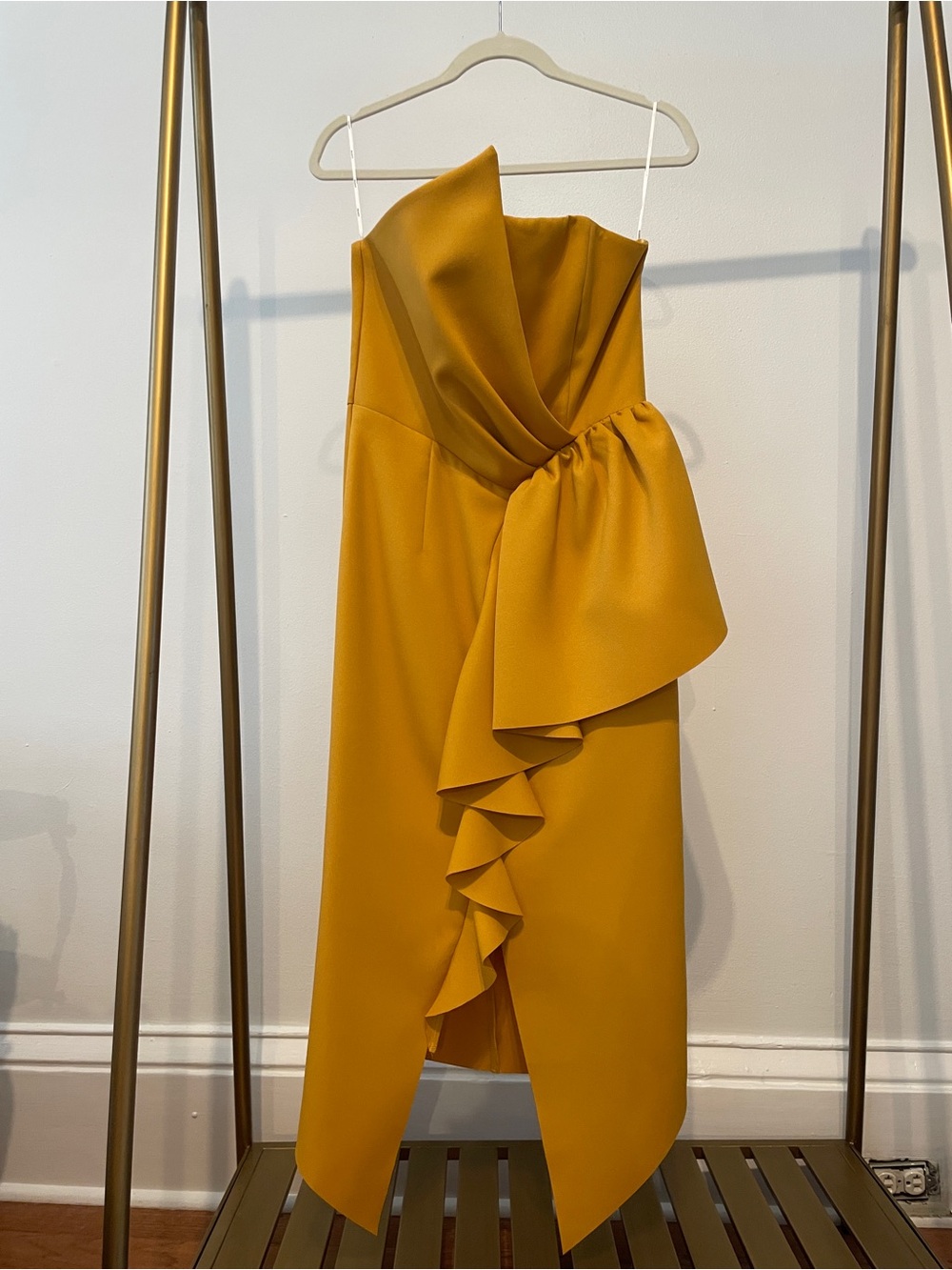Elliatt Mustard Yellow Ruffle Cascade Cocktail Midi Dress